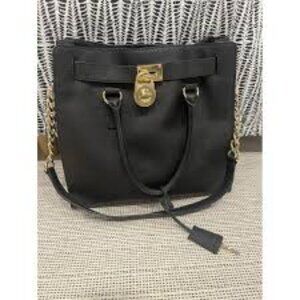 AUTHENTIC Michael Kors Hamilton Black Leather Gold Satchel Crossbody Tote Bag